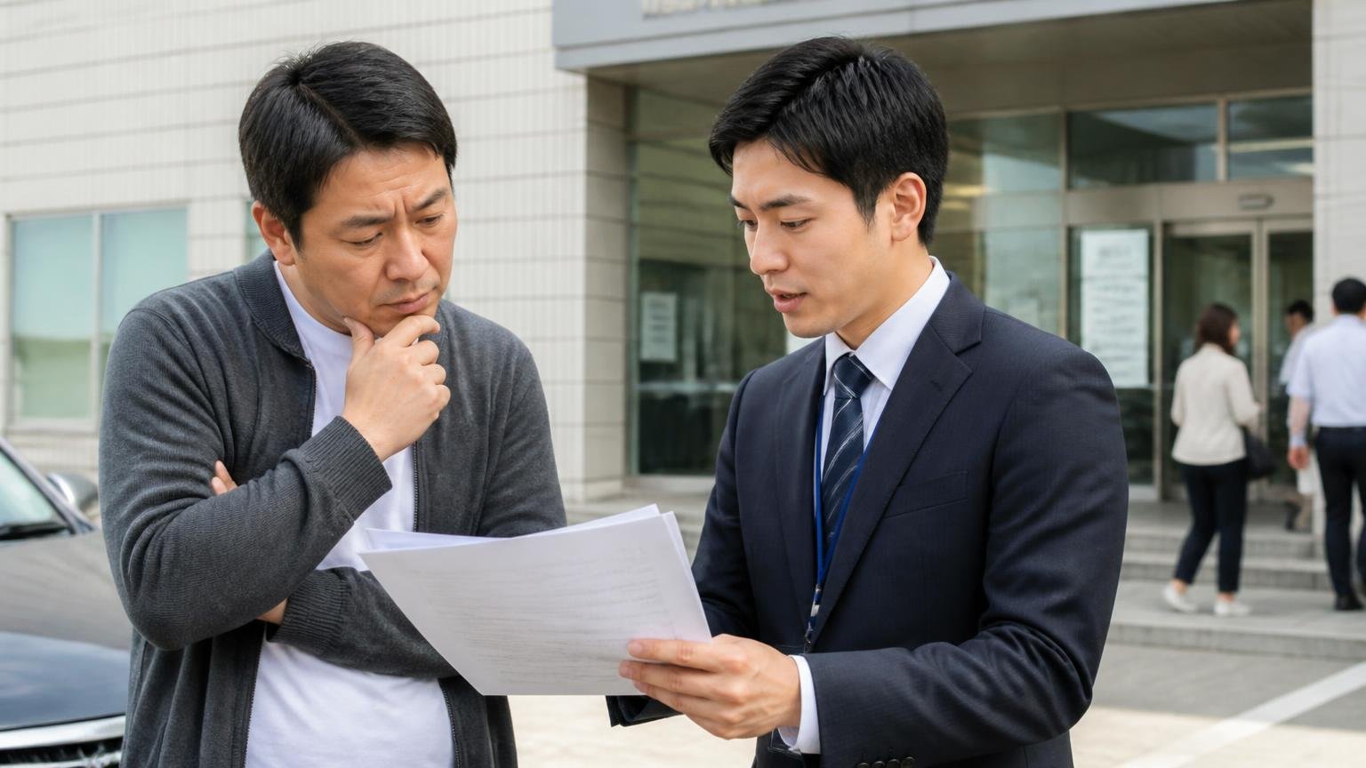 名義変更と税金・リサイクル料金は確認をが結論 運輸支局の窓口前で書類を手に説明を受ける男性2人