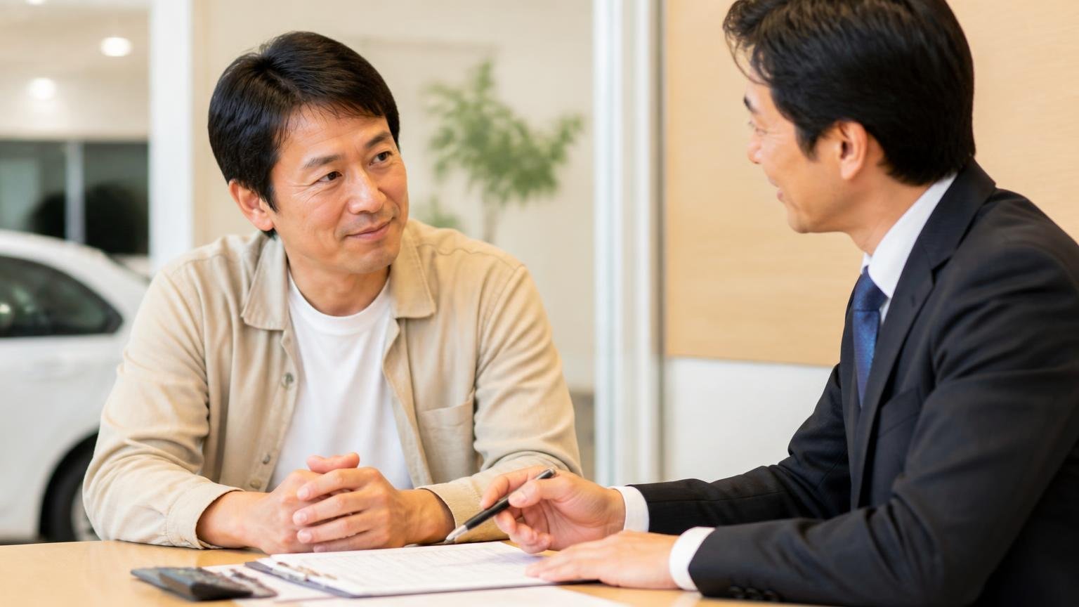 ディーラー下取りも一括査定も否定しなくていい／ディーラーの商談スペースで書類を前に話し合う2人／落ち着いた様子でうなずく