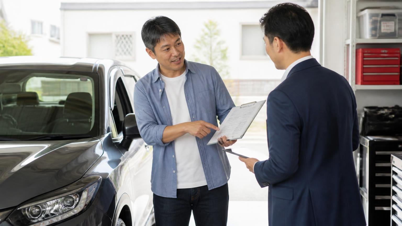2〜3社の査定を同じ週にそろえる 車庫で2社目の査定員を迎え、前日の見積書を手に落ち着いて案内するドライバー
