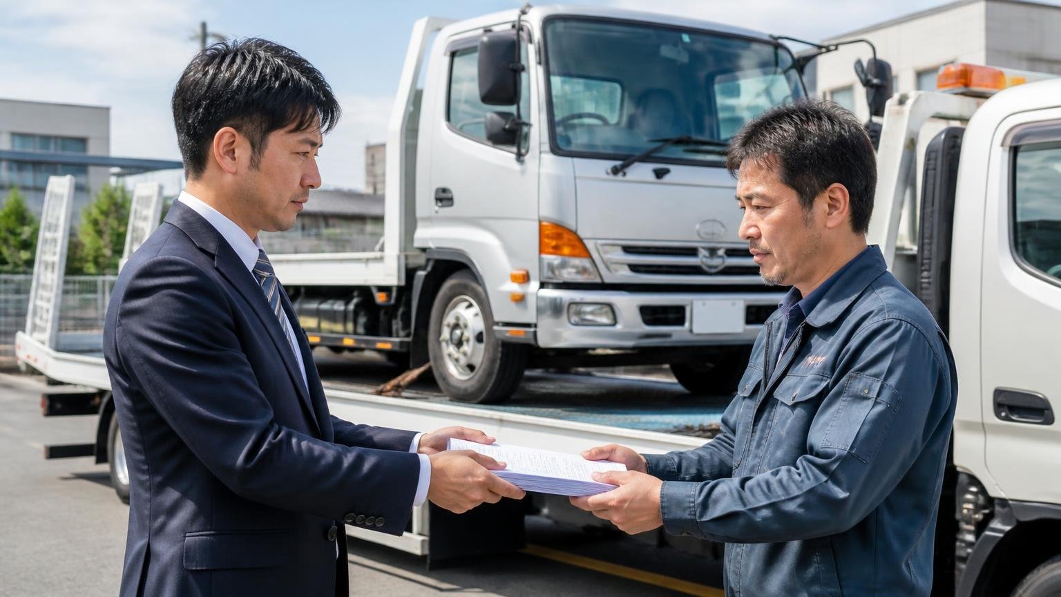 引き渡す前の名義変更と書類のこと、積車に載せられるトラックの前で書類の束を手渡す男性2人が向き合って確認する