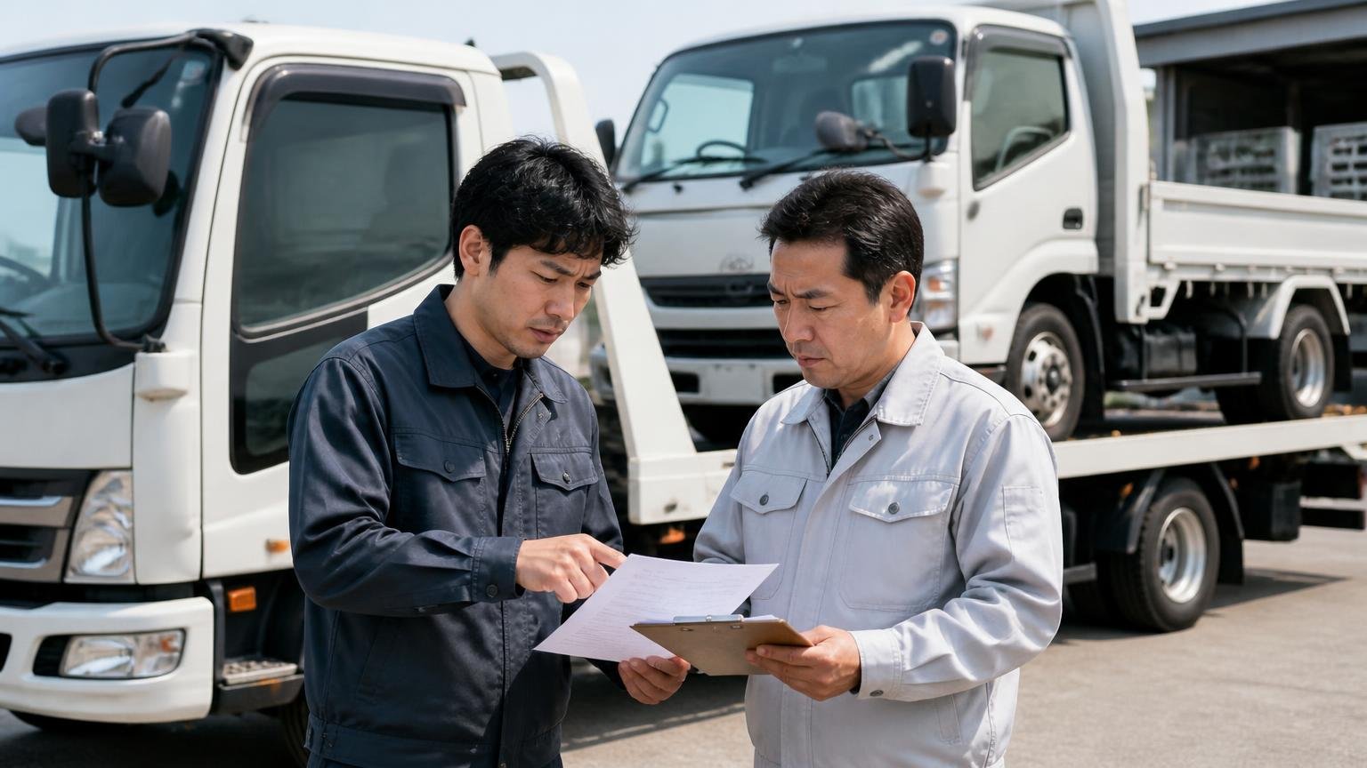 引き渡す前に書面で確認すべき3つのこと 積車に載せられるトラックの前で書類を確認する男性2人