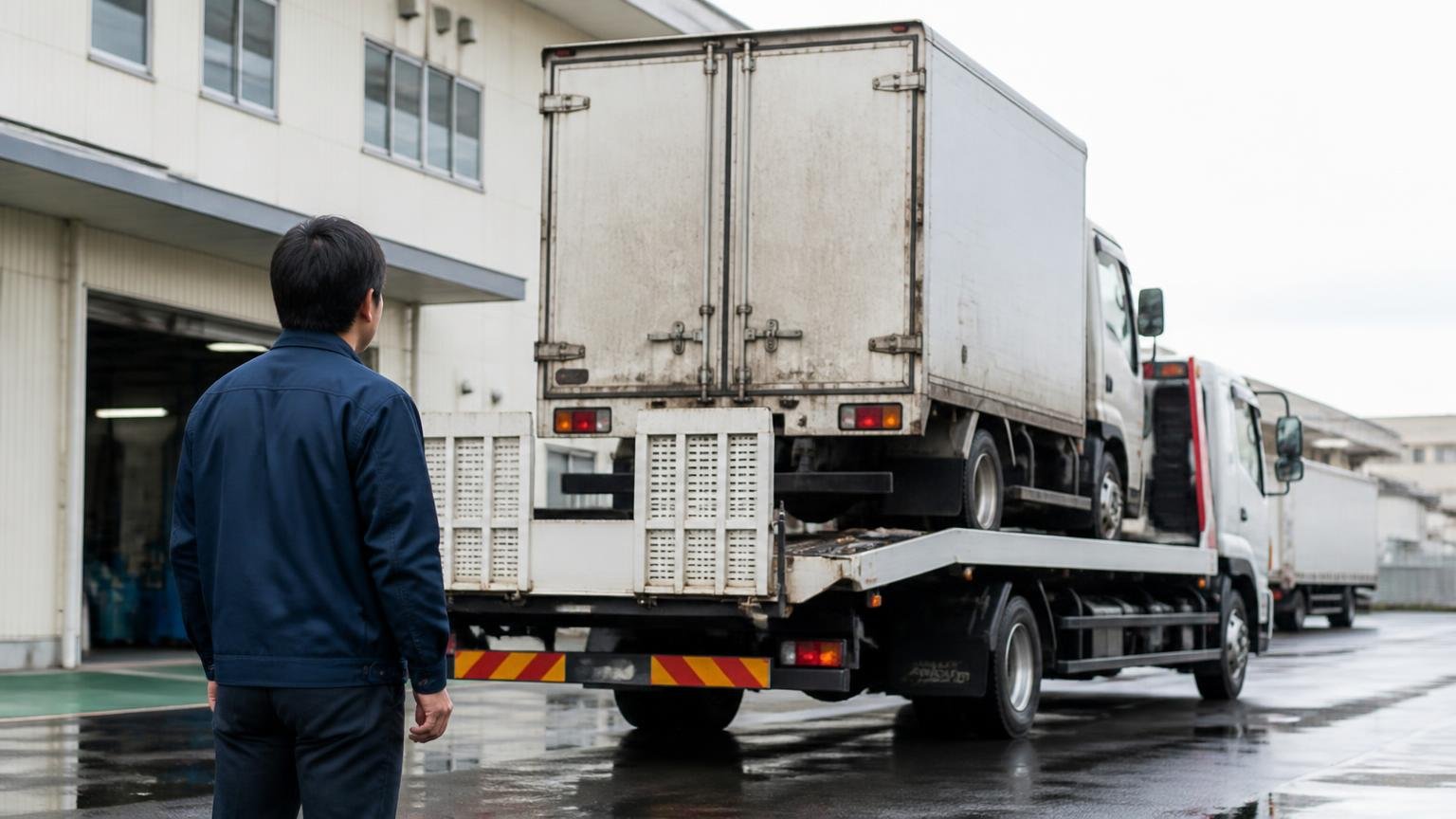 社名ロゴがいつ消されるのか。積車に載せられるトラックを営業所前で見送る男性1人が無言