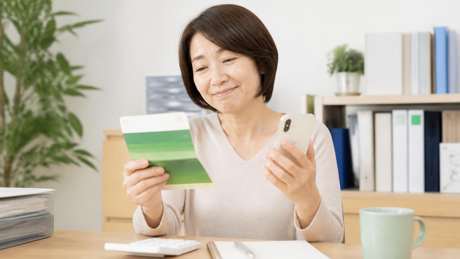 入金はいつどの方法かを確認する。事務所で通帳とスマホを前に女性1人が安堵した表情を浮かべる