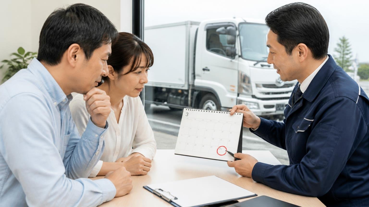 3月までに売ると翌年度の自動車税がかからない 3月のカレンダーに丸をつけ、トラックの売却日を査定員と相談する夫婦