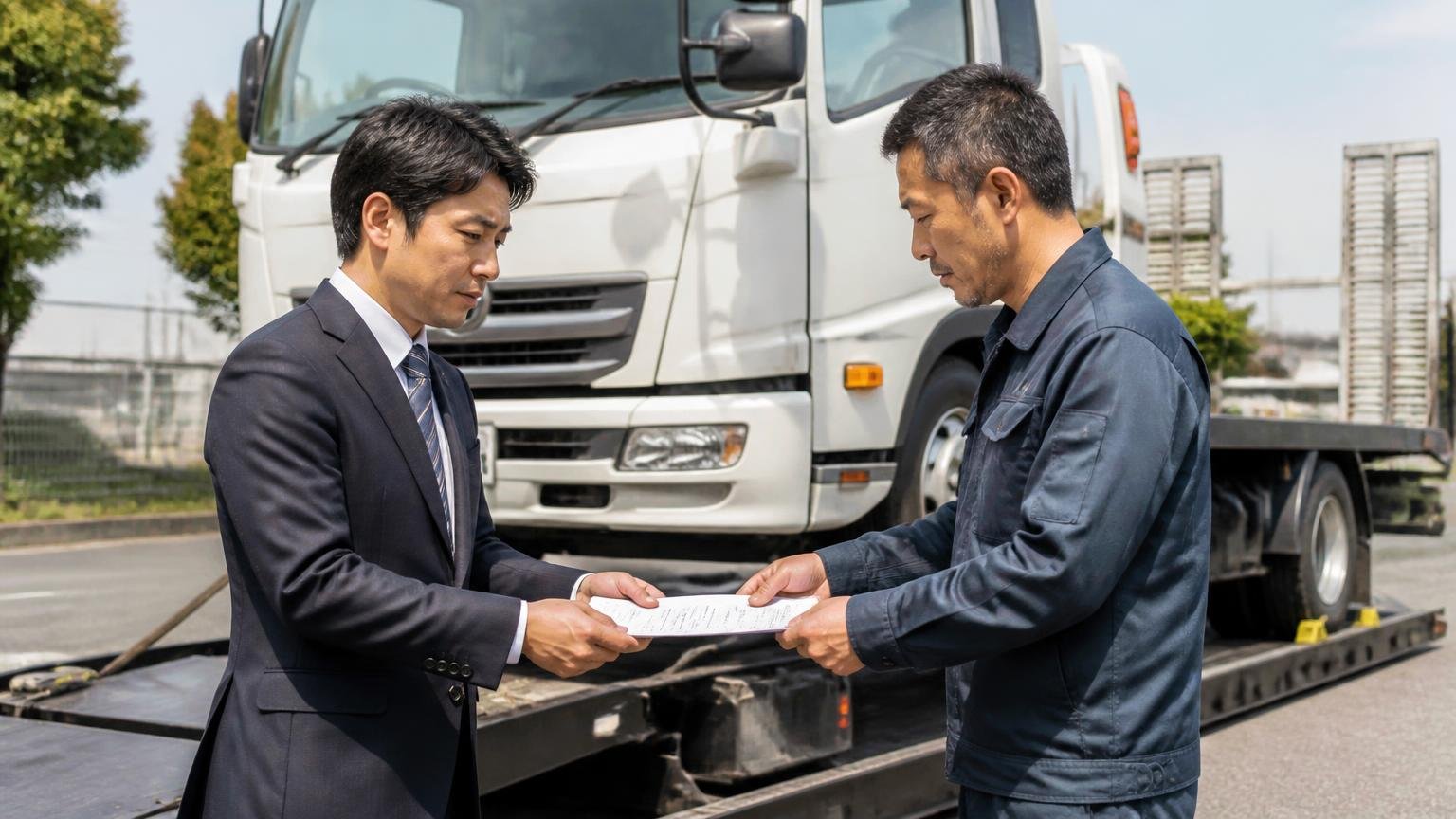 引き渡す前に名義変更の完了予定を書面で確認する。積車に載せられるトラックの前で書類を交わす男性2人