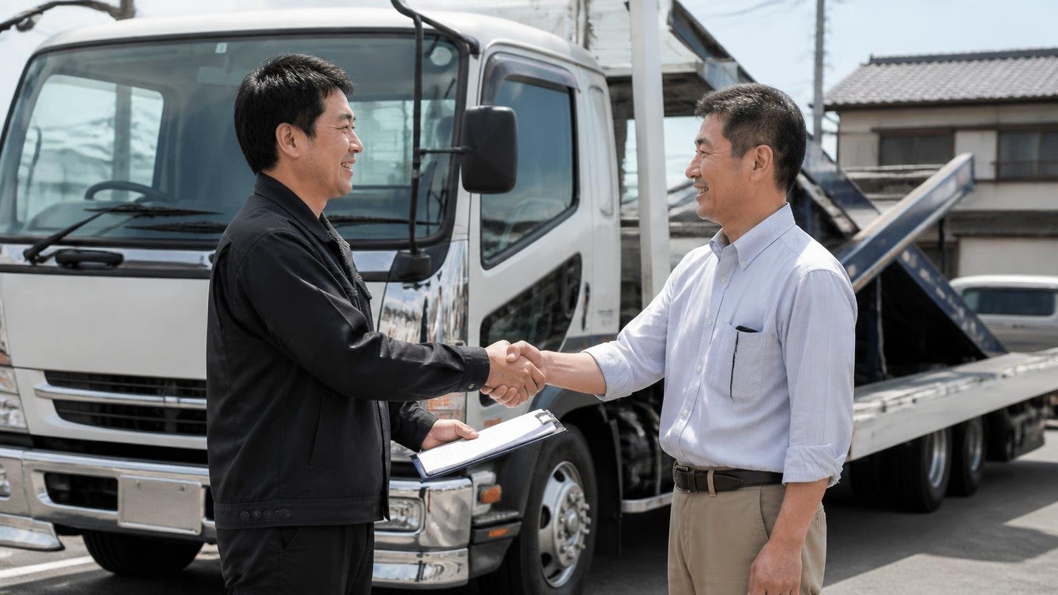 売った後にもめないために。積車に載せられるトラックの前で、書類を確認する男性2人が握手する