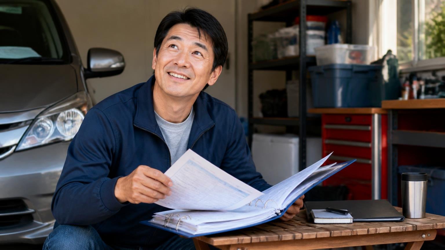 査定当日の準備。車庫で車検証と整備記録をファイルにまとめて確認する男性1人が笑顔で見上げる