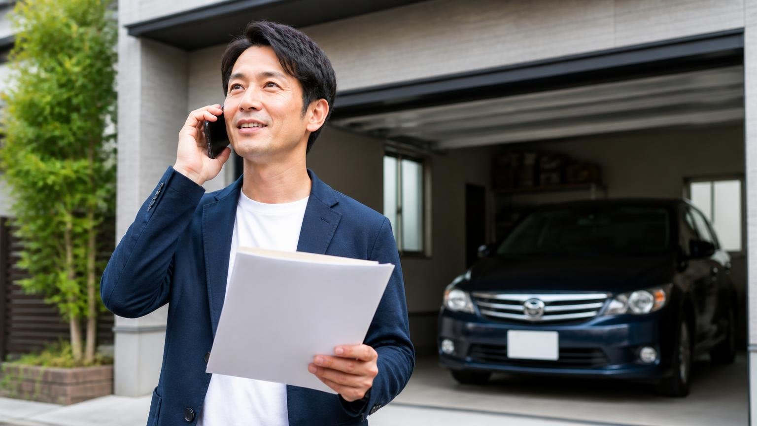 損をしないための5ステップ 車庫の前で書類を持ちスマホで電話をかけようとする男性1人が前向きな表情