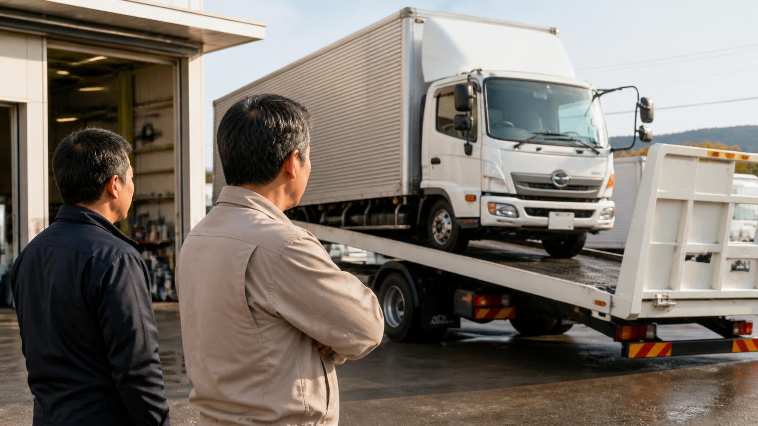 評判で迷ったらまず金額を並べる。早朝の車庫で積車に載るトラックを見送る男性2人