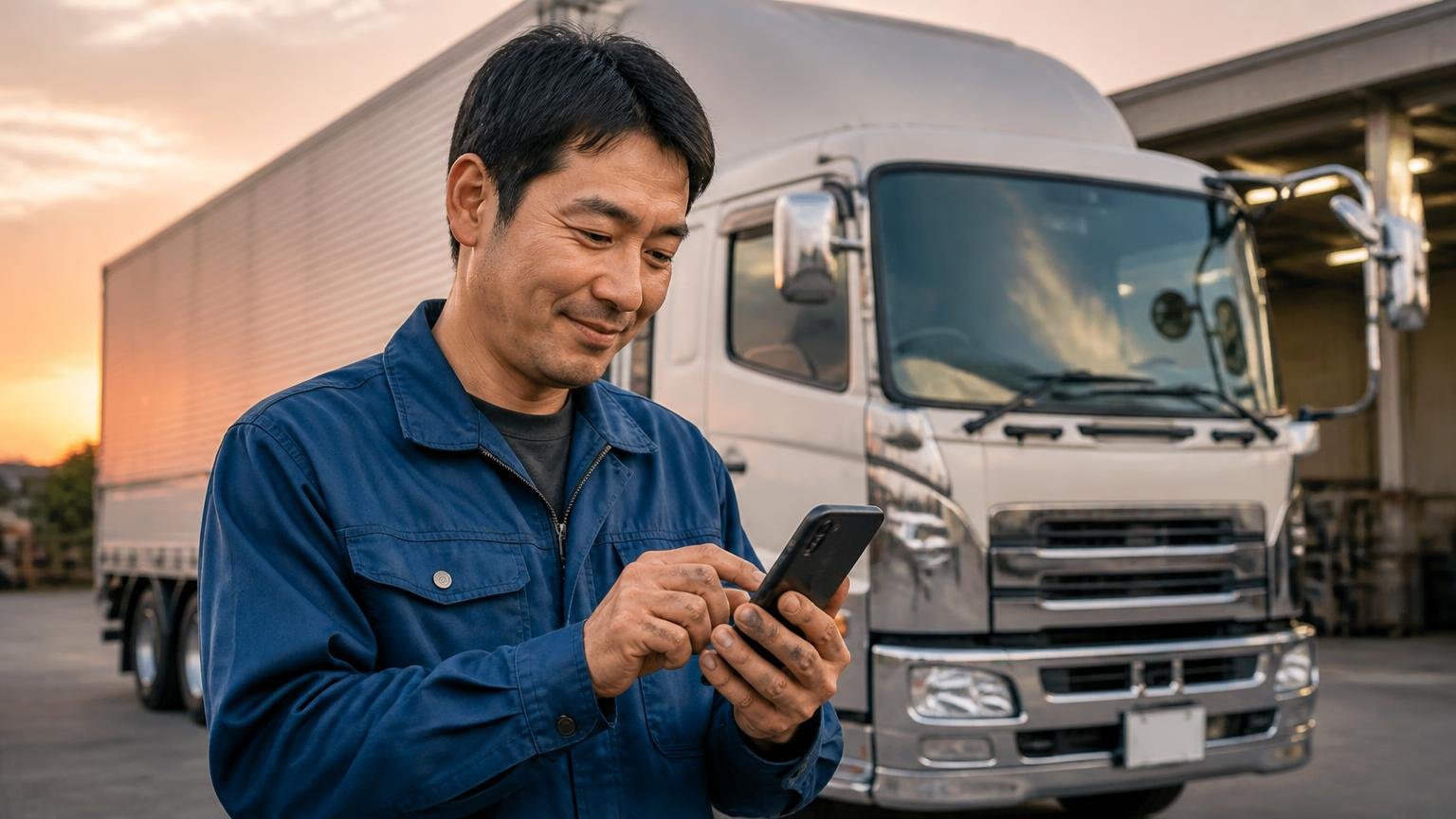 無料査定を申し込む一歩を踏み出す場面。夕方の車庫でトラックを背にスマホを操作する男性1人が前向きな表情
