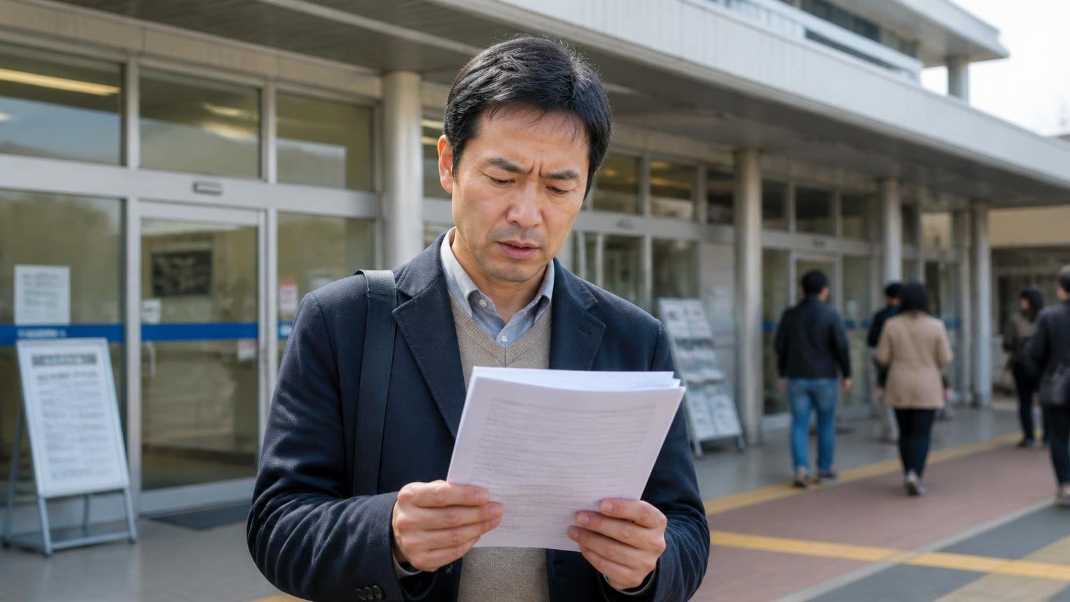 名義変更はいつ完了するのかを書面で確認 運輸支局の窓口前で書類を持つ男性1人 確認する表情