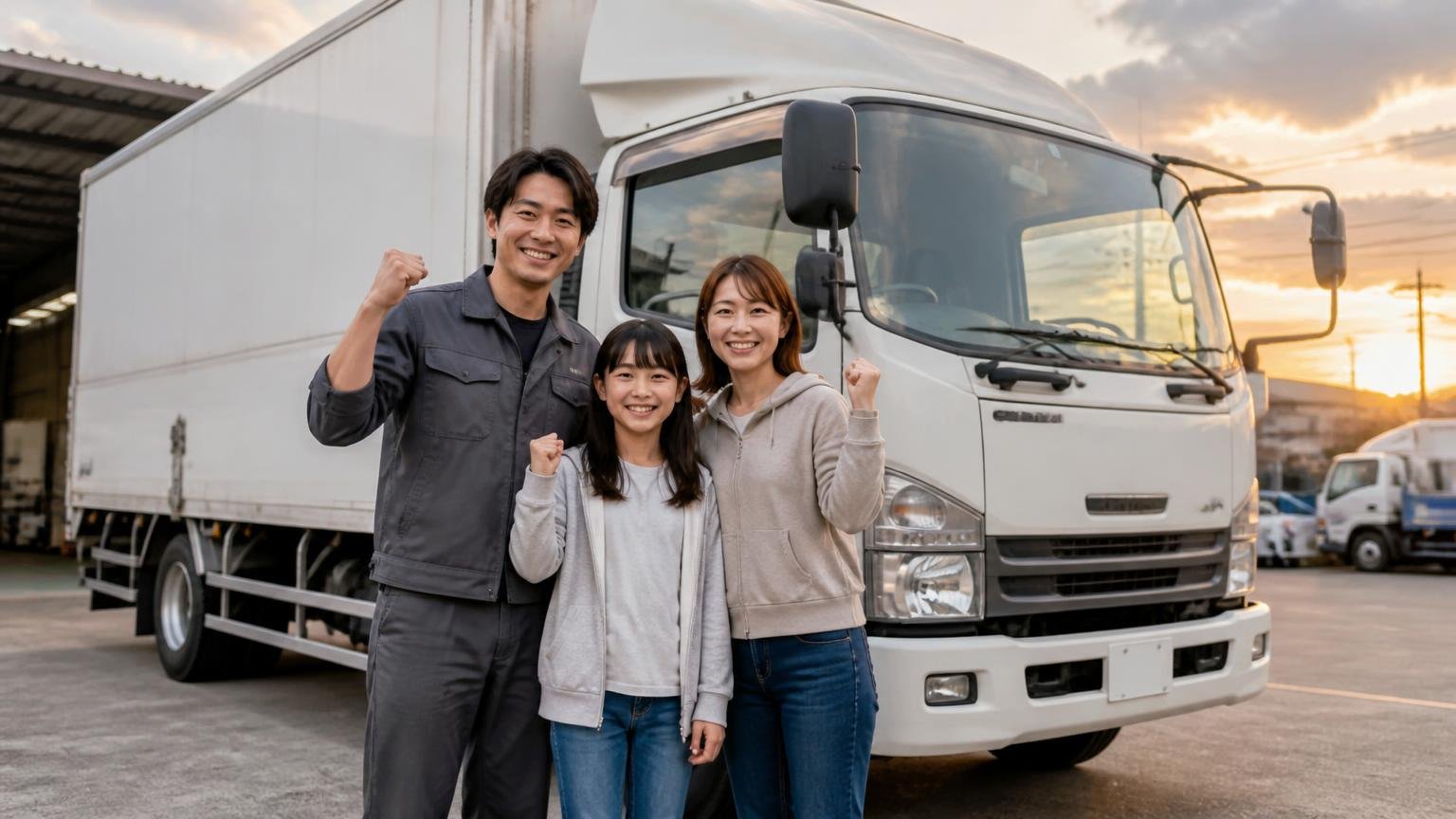 評判を読んで迷ったら、まず金額を並べる。出張査定が無料のトラック買取業者3選、夕方の車庫で4tトラックの前に立ち晴れやかに笑う家族3人