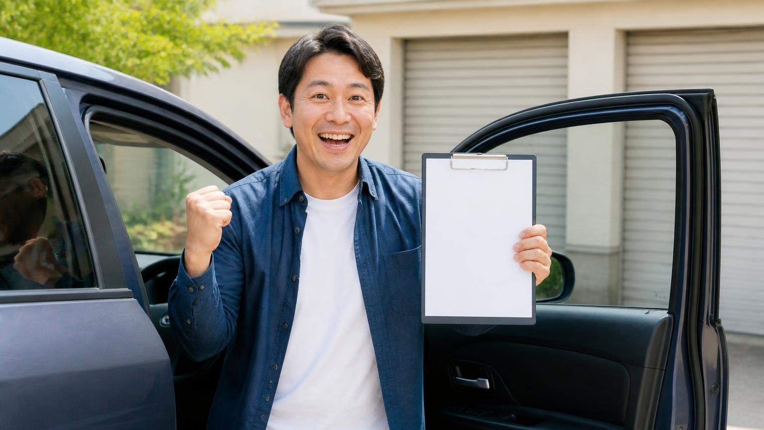 評判を読み終えたら、次は金額を並べる|出張査定と書類手続きが無料の買取業者3選(早朝の車庫で運転席のドアを開け、晴れやかな顔で見積書を掲げる男性)