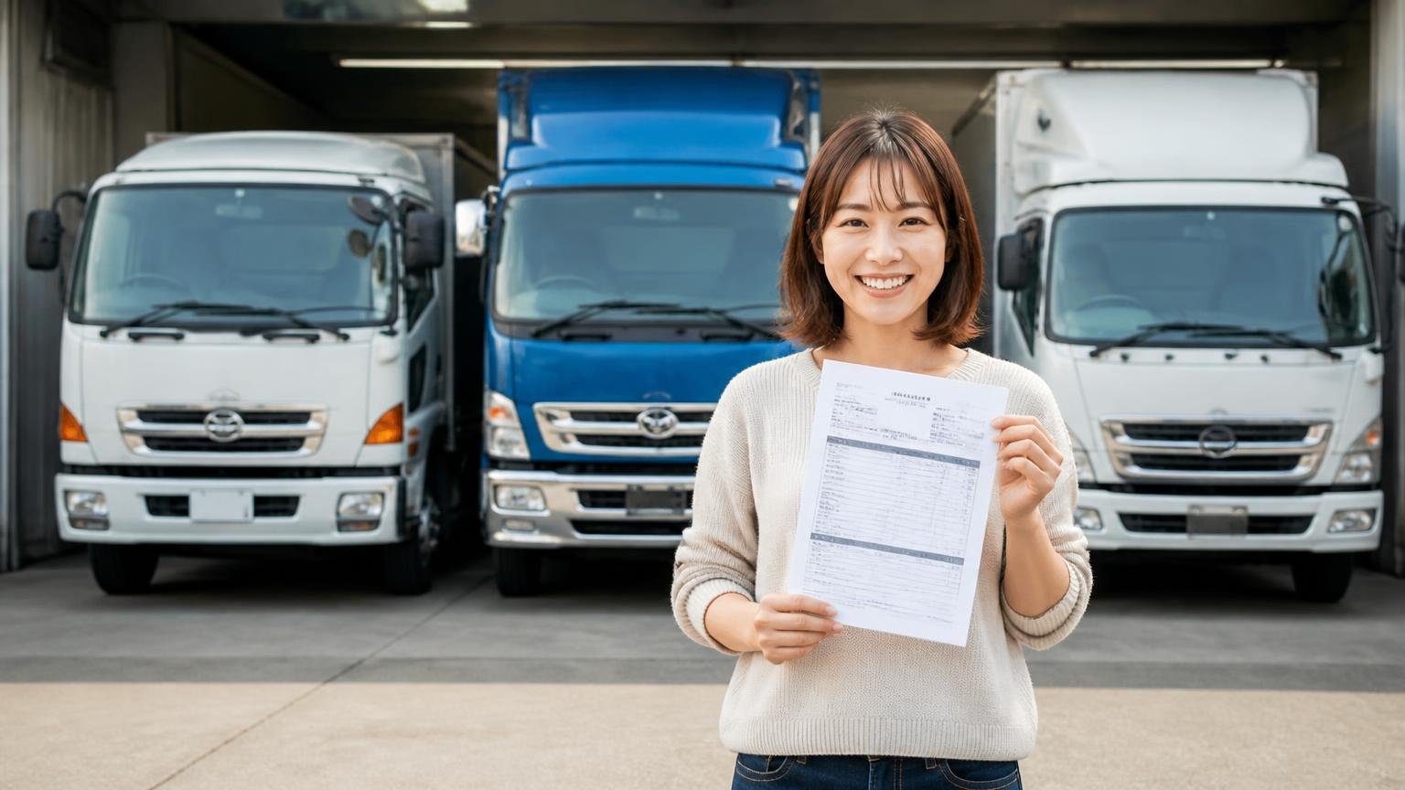 評判を読んで迷ったら、まず金額を並べる。無料で出張査定に来てくれるトラック買取業者3選、車庫で見積書を手に笑顔を見せる30代女性1人