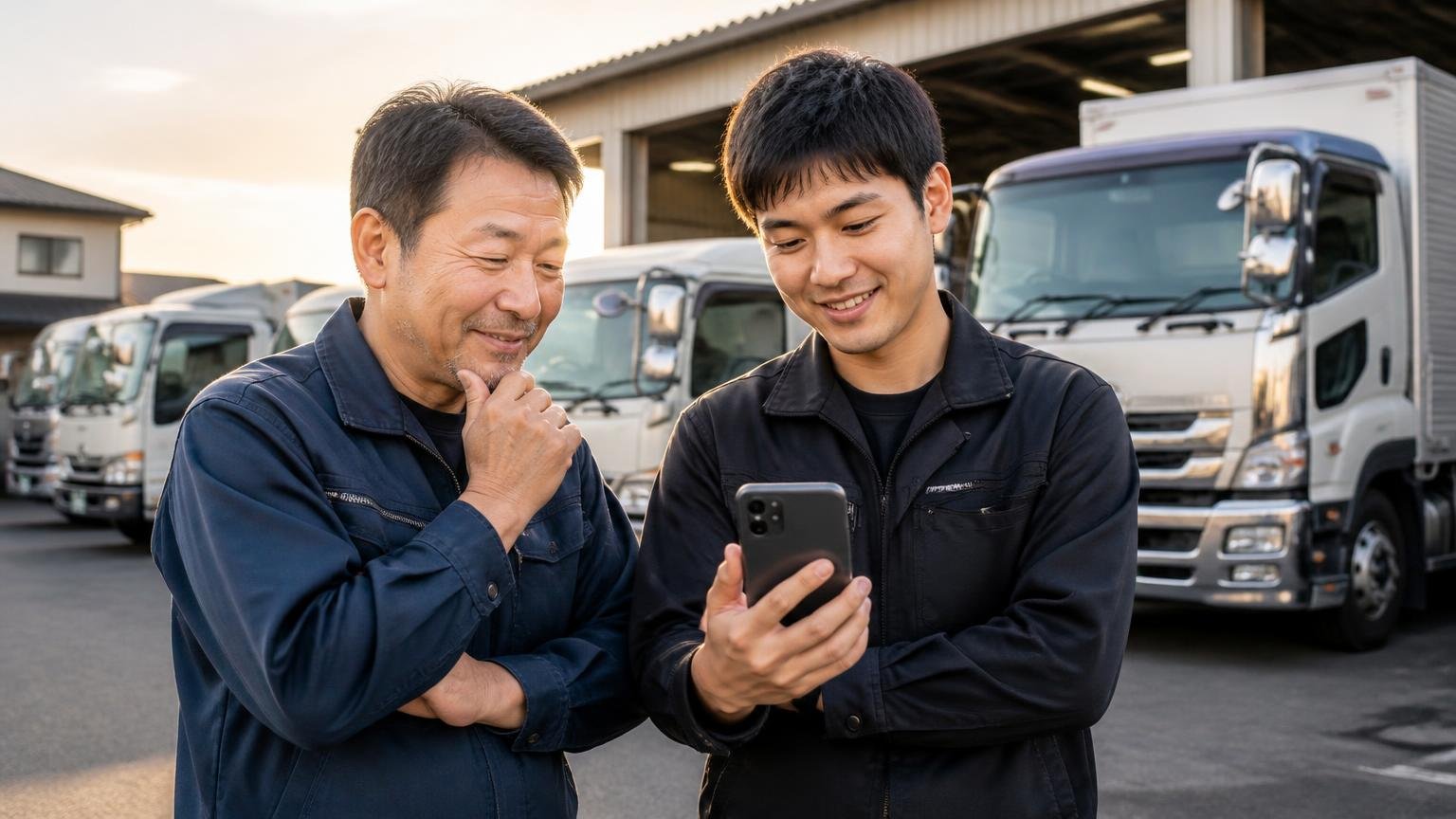 評判を読んで迷ったら、まず金額を並べる:無料査定に対応したトラック買取業者、夕方の営業所の車庫、運送会社の親子2人、スマホを見ながら前向きにうなずく