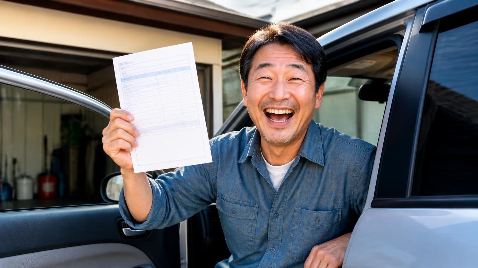 評判を読み終えたら金額を並べる|書類手続きまで無料の買取業者3選(早朝の車庫で運転席のドアを開け、晴れやかな顔で見積書を掲げる男性)