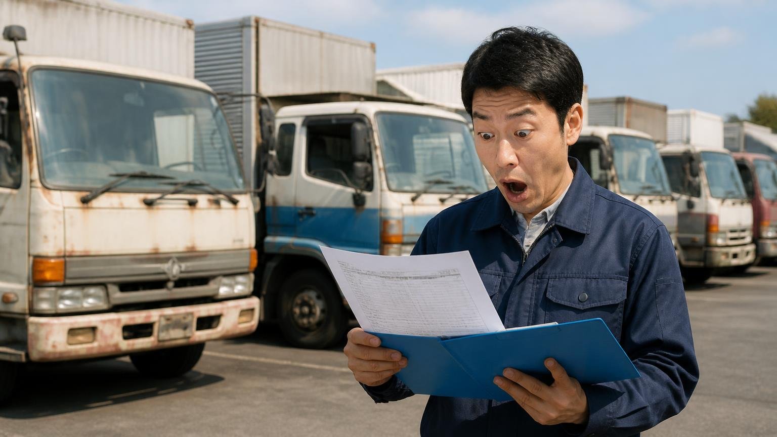 貨物車の平均車齢12.13年という事実。営業所の車庫に並ぶ年季の入ったトラックの前で男性1人が資料を見て目を見開く