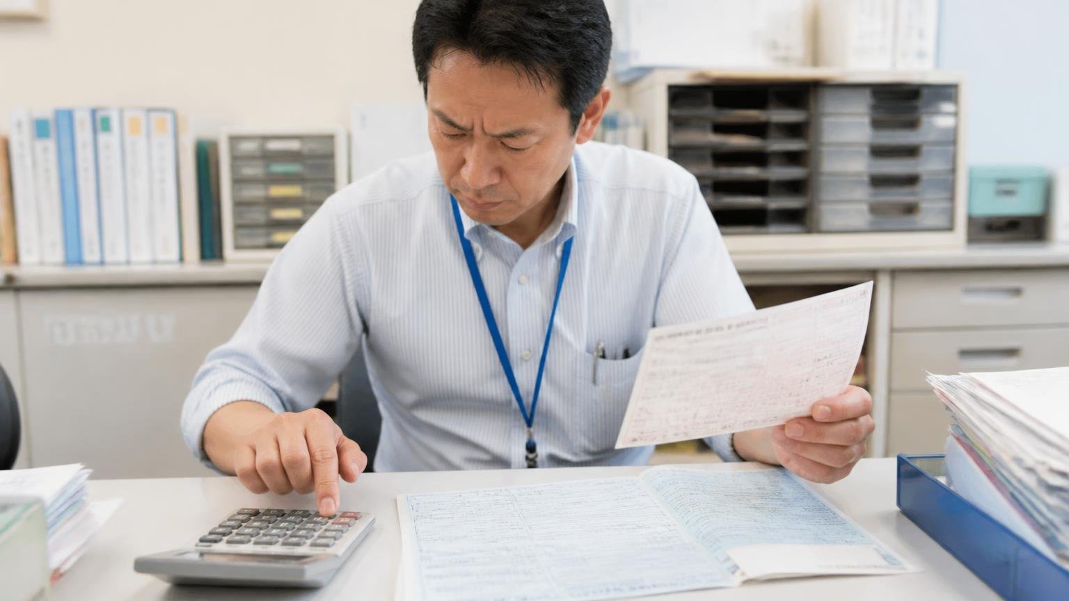 名義変更と税金の書類を確認する場面を事務所の机に車検証と納税通知書を広げて電卓を叩く事務担当1人の場面