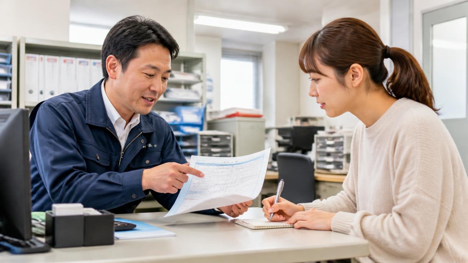 名義変更の確認 運送会社の事務所で車検証を手に手続きの説明を受けメモを取る女性1人と男性1人
