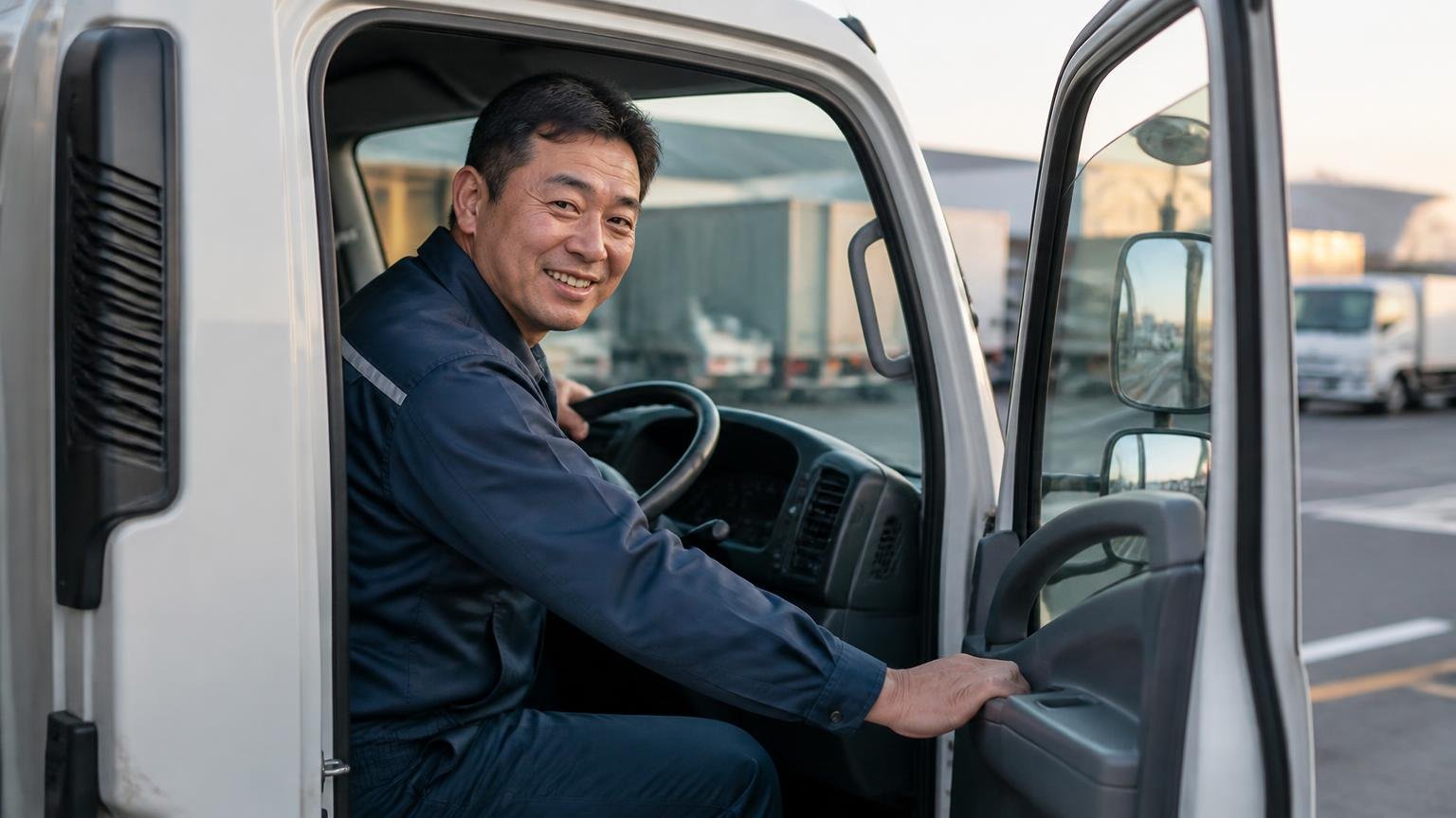 評判は読み終わりました。次は金額を並べる番です。早朝の車庫で運転席のドアを開ける男性が前を向いて笑う場面