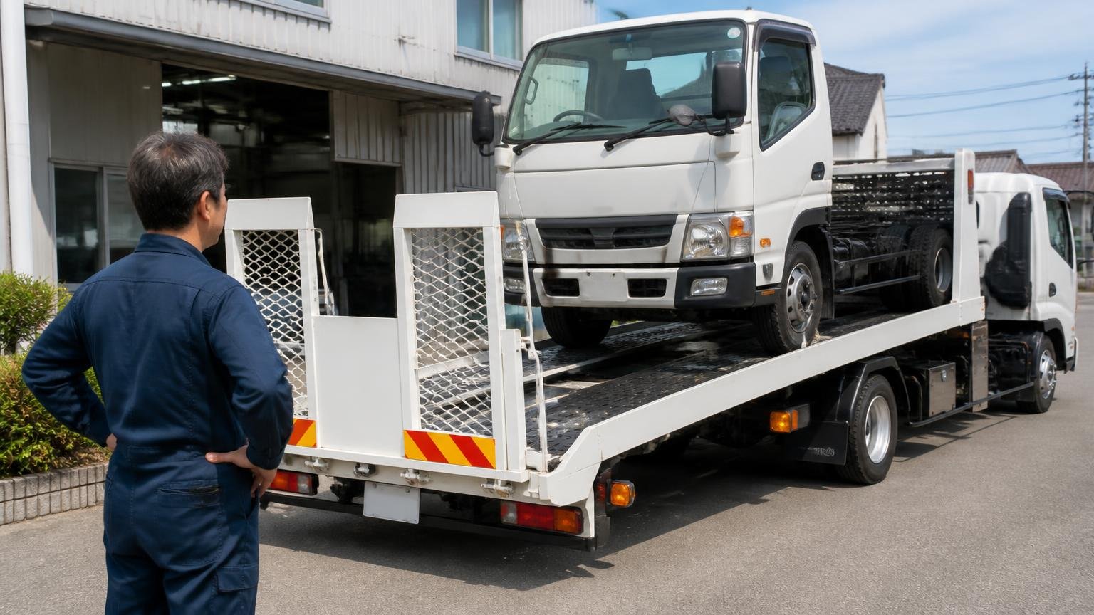 評判を読んで迷ったらまず金額を並べる。営業所の前で積車に載せられるトラックを男性が見送る