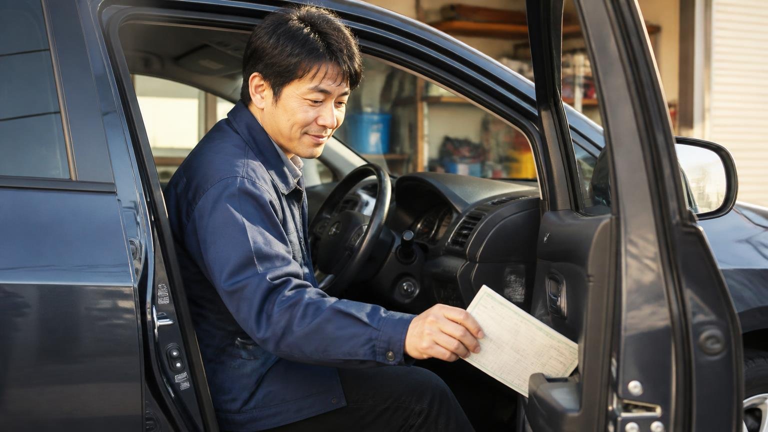 今日できる3ステップ 早朝の車庫で運転席のドアを開けて車検証を取り出す場面 男性1人 前向きな表情