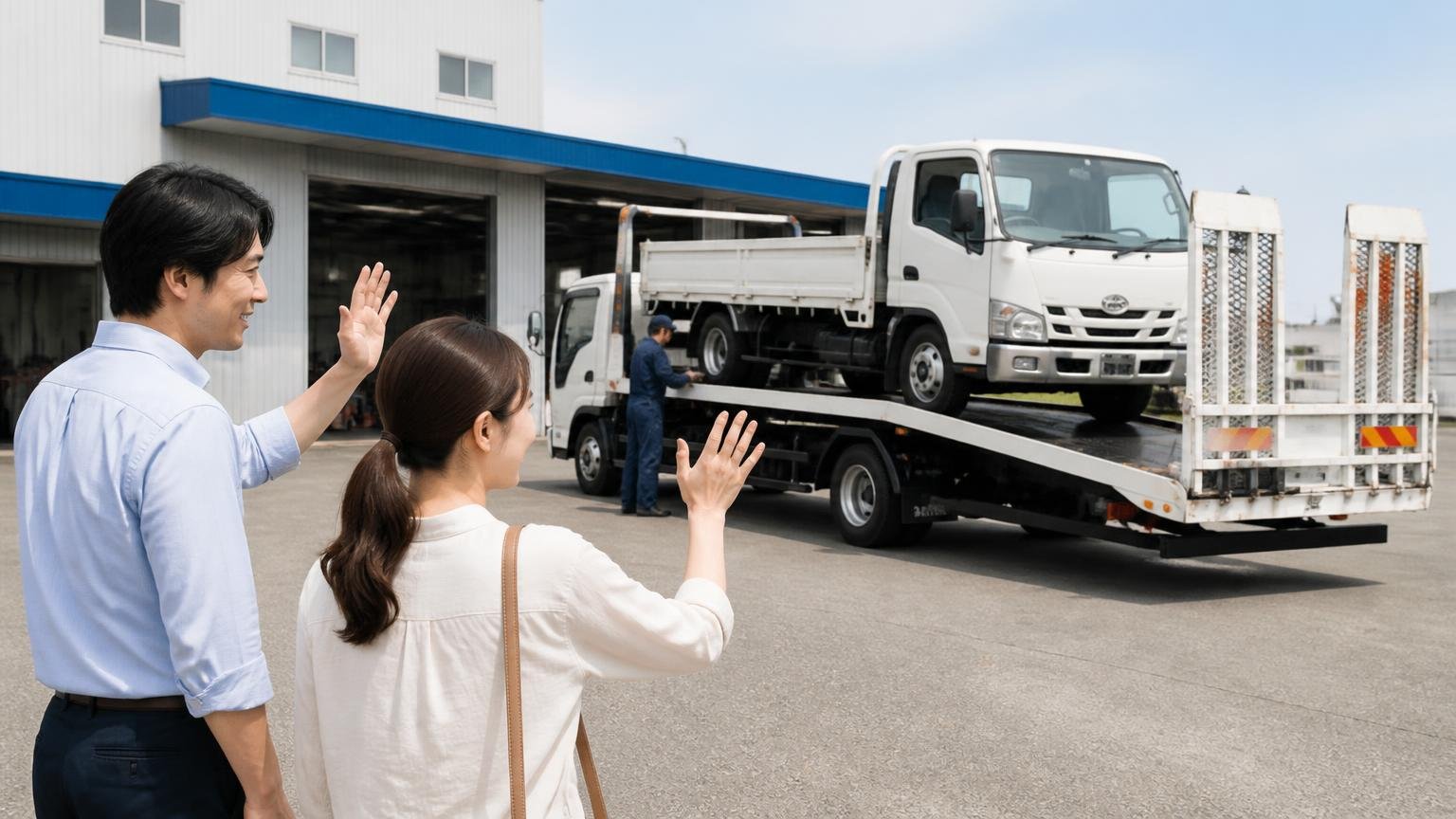 評判を読んで迷ったらまず金額を並べる・営業所の前で積車に載るトラックを見送る男女2人