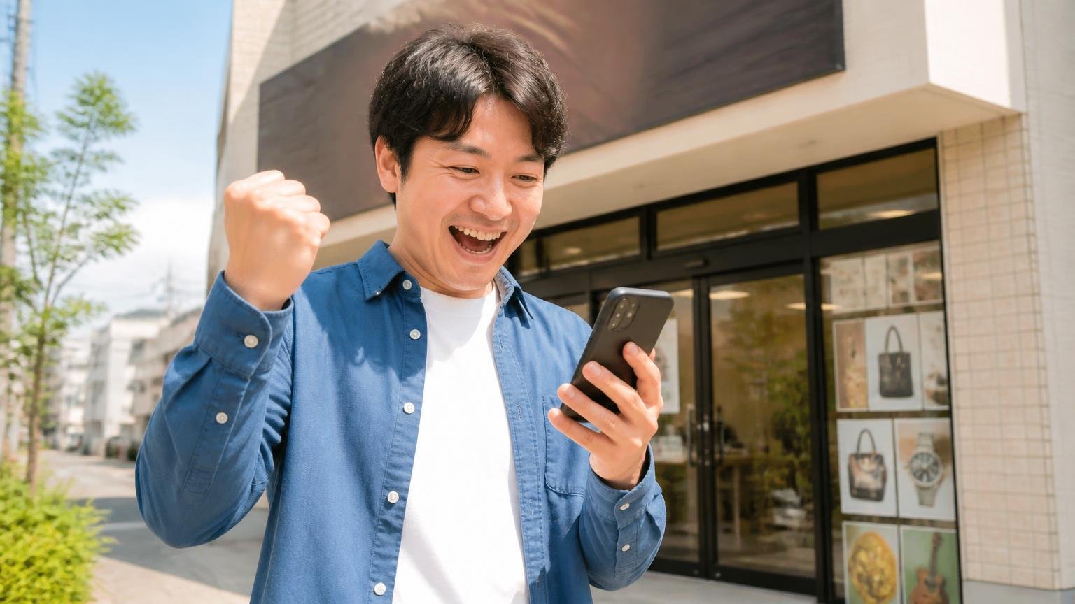 評判を読んで迷ったら、まず金額を並べる|無料で査定を頼める買取業者3選 営業所の前でスマホを手に笑顔でガッツポーズする男性1人