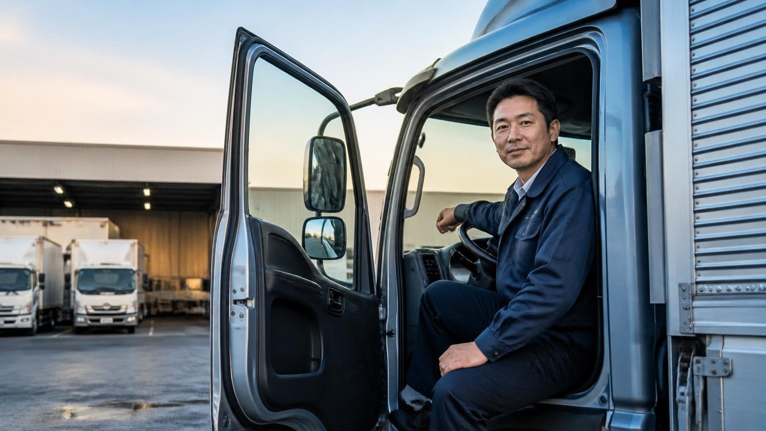 評判を調べたあとは金額を並べる、早朝の車庫で4tウイングの運転席のドアを開けて前を向く男性ドライバー1人が穏やかな表情