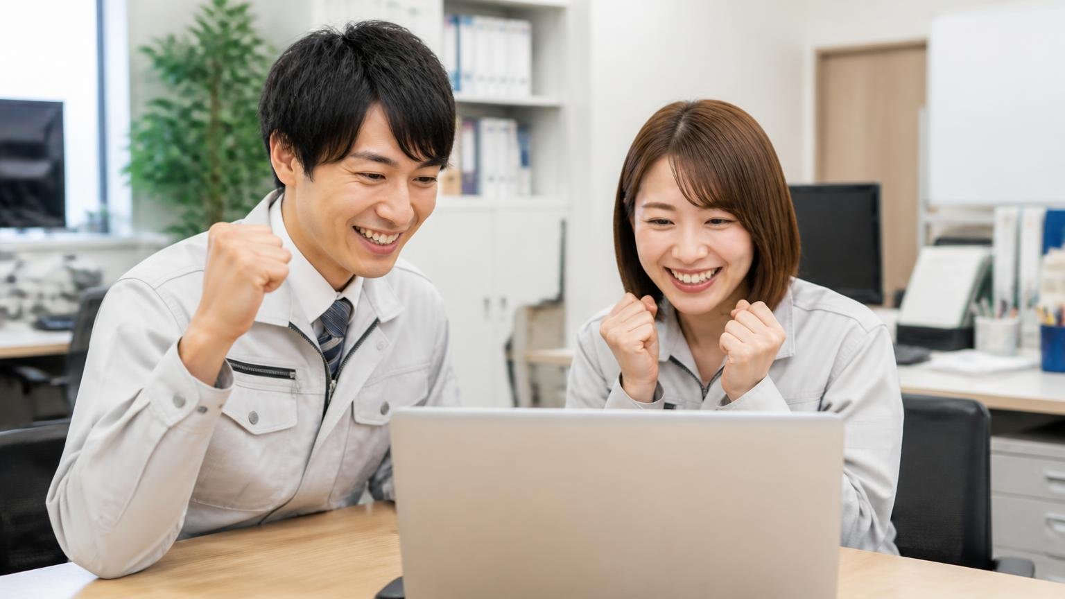 比べる相手に迷ったら当サイトおすすめの3社から無料査定を 営業所の事務所でノートパソコンから無料査定を申し込み笑顔を見せる男女2人