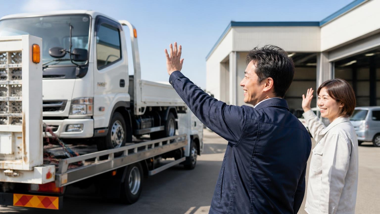 地元業者の金額と並べる「2社目」に|当サイトおすすめのトラック買取業者3選 営業所の前で積車のトラックを見送り笑顔の男女2人