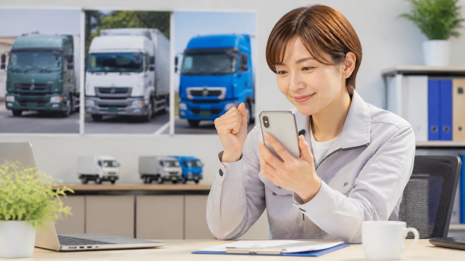 県内の見積もりと並べる比較相手に当サイトおすすめのトラック買取業者3選、事務所でスマホから無料査定を申し込み笑顔でうなずく30代女性
