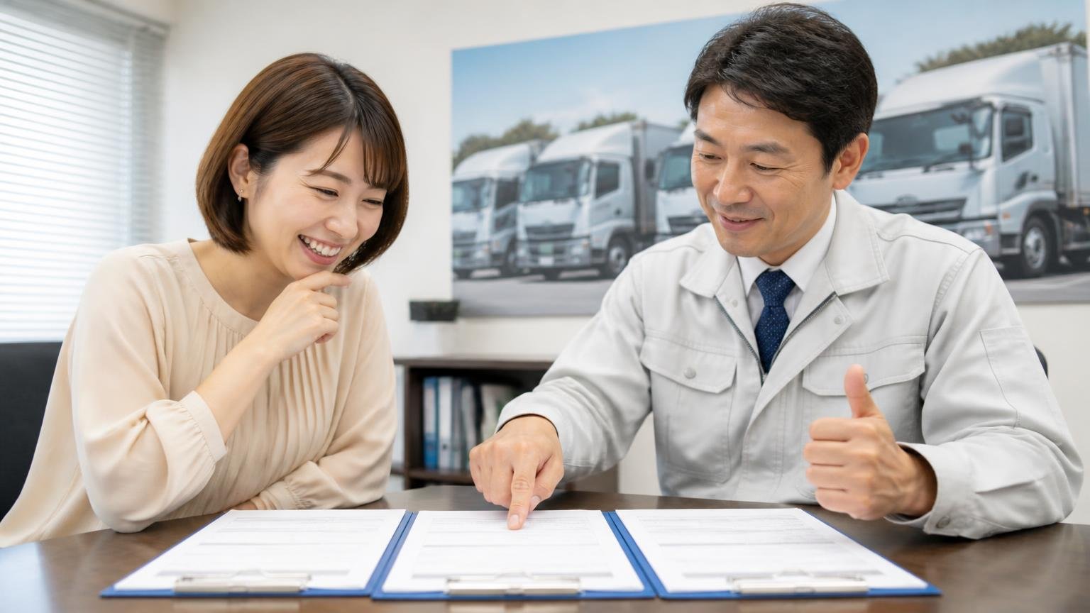 秋田から申し込める全国対応のトラック買取業者3社で、まず査定額の物差しをつくろう|事務所で見積書を並べ笑顔でうなずく30代女性と40代男性