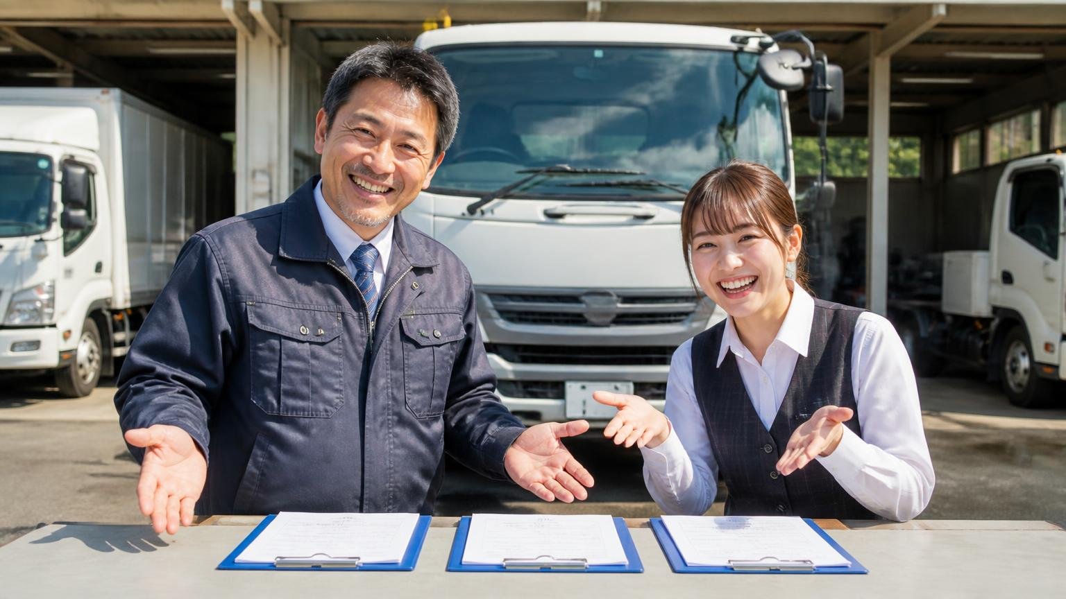 滋賀県の地場業者と金額を並べる2社目・3社目に|営業所の車庫で3社分の見積書を並べてトラックの前で笑顔を見せる社長と事務員の2人