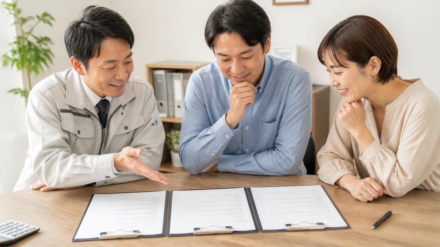 京都の業者の金額と並べるなら、まず当サイトおすすめの3社から無料査定を、事務所で見積書を並べ笑顔でうなずく男女3人
