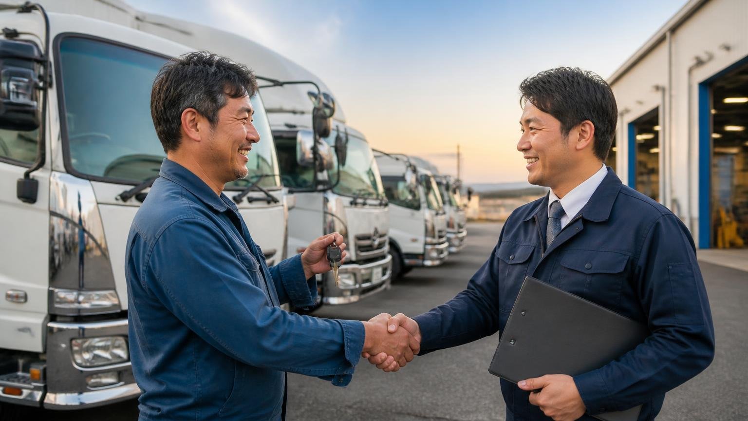 当サイトおすすめのトラック買取業者3選|夕方の営業所前でトラックの鍵を手に笑顔で査定員と握手する運送会社の経営者