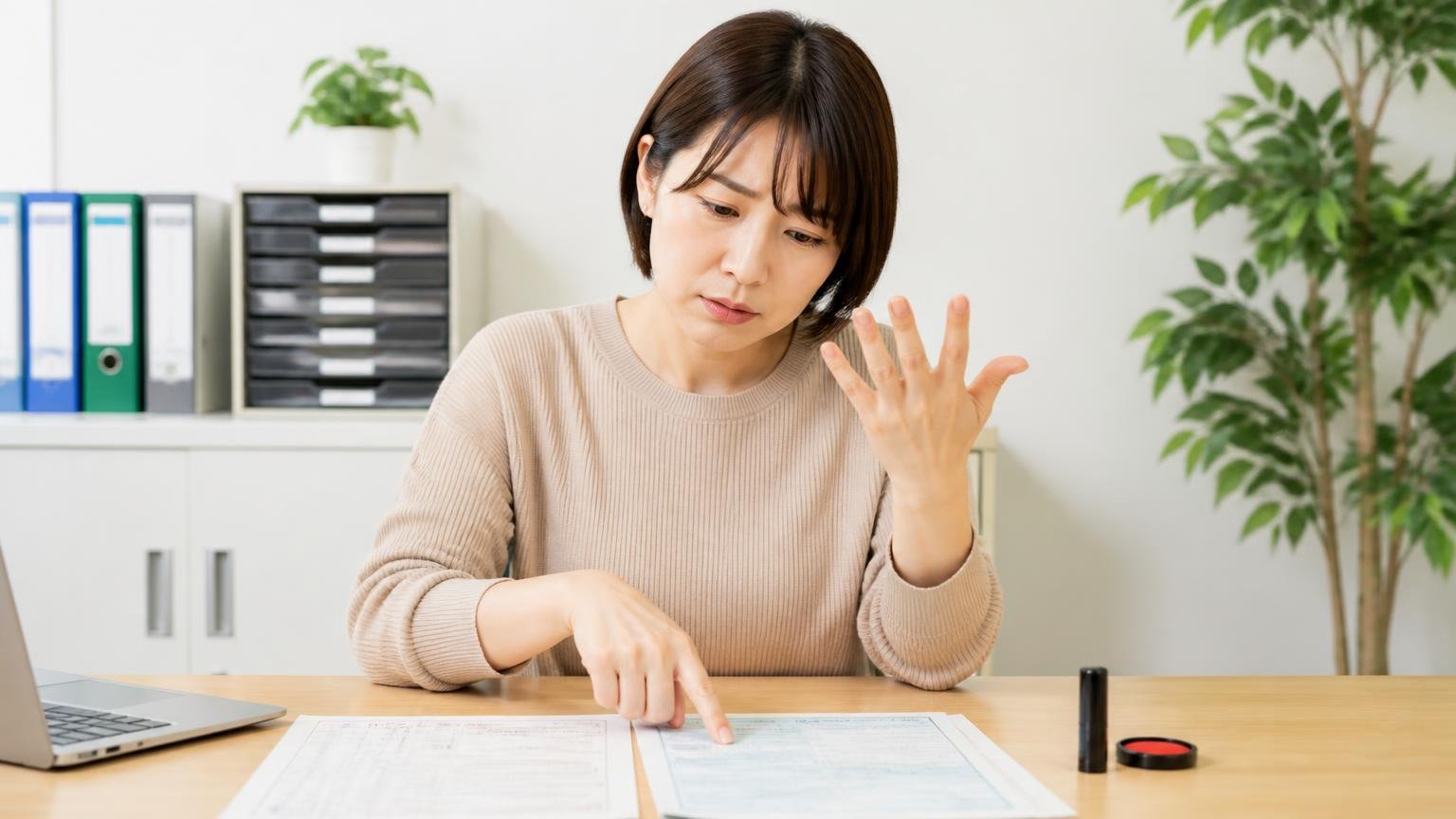 買取のときに必要な書類 事務所の机に車検証と印鑑証明を広げて確認する女性1人が指を折って数える