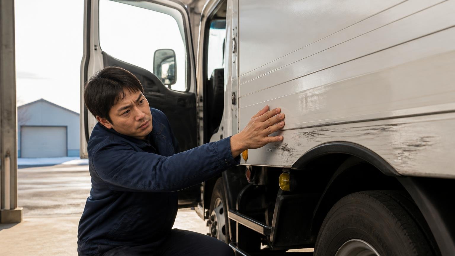 値がつかないと思い込む前にやること。早朝の車庫で運転席のドアを開ける男性1人が架装の傷を確かめる
