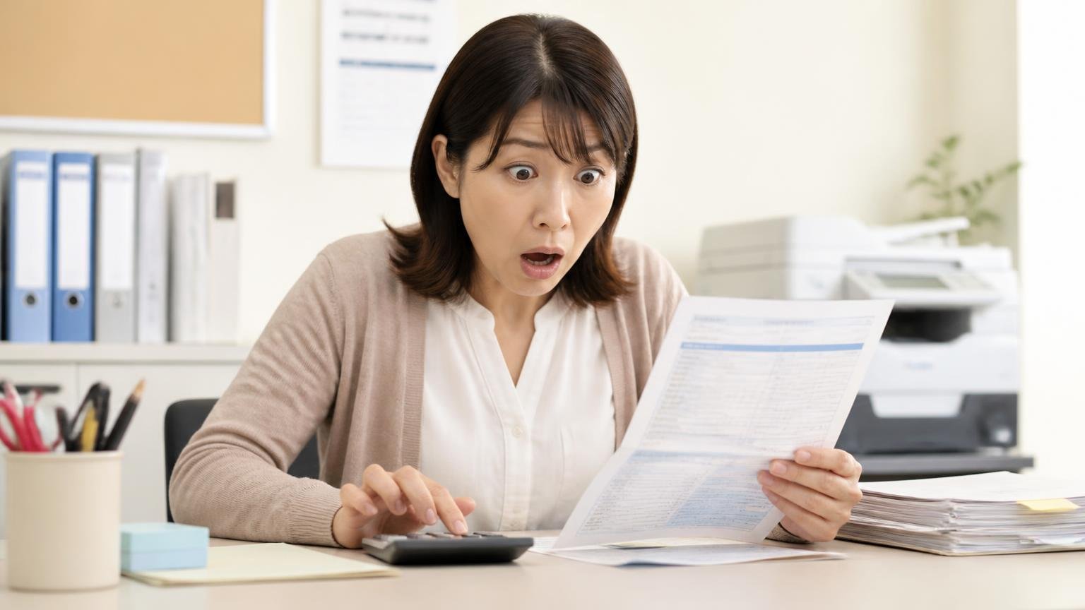 自動車税は戻らない 事務所の机で納税通知書を見ながら電卓を叩く事務担当の女性1人 驚いた表情
