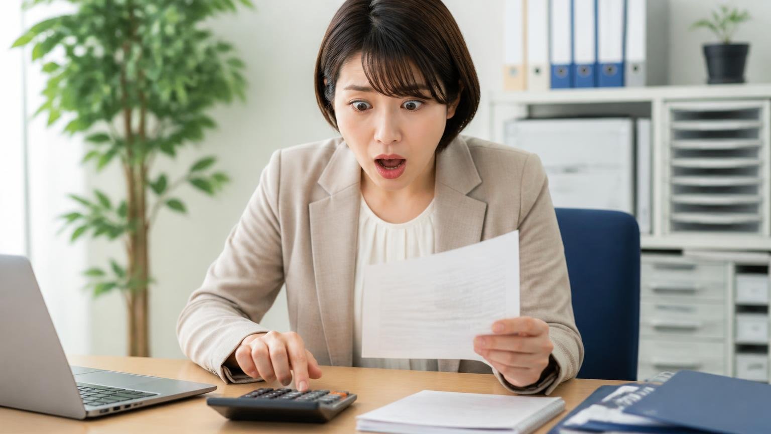 自動車税は名義変更だと戻ってこない 事務所で納税通知書を手に電卓を叩く女性1人が驚いた表情
