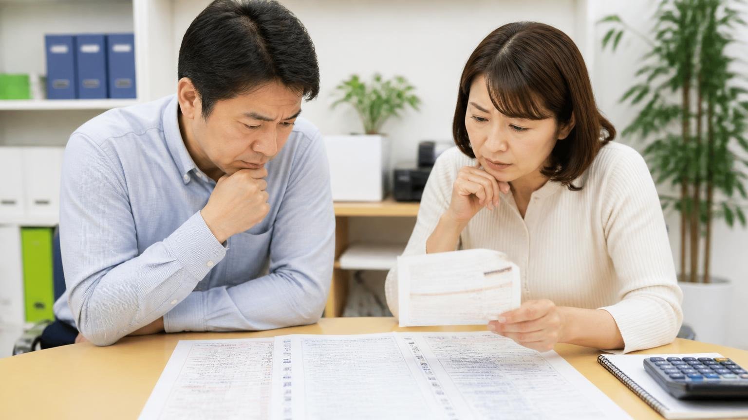 無料の範囲とリサイクル料金相当額を確認 事務所で車検証とリサイクル券を広げる男女2人