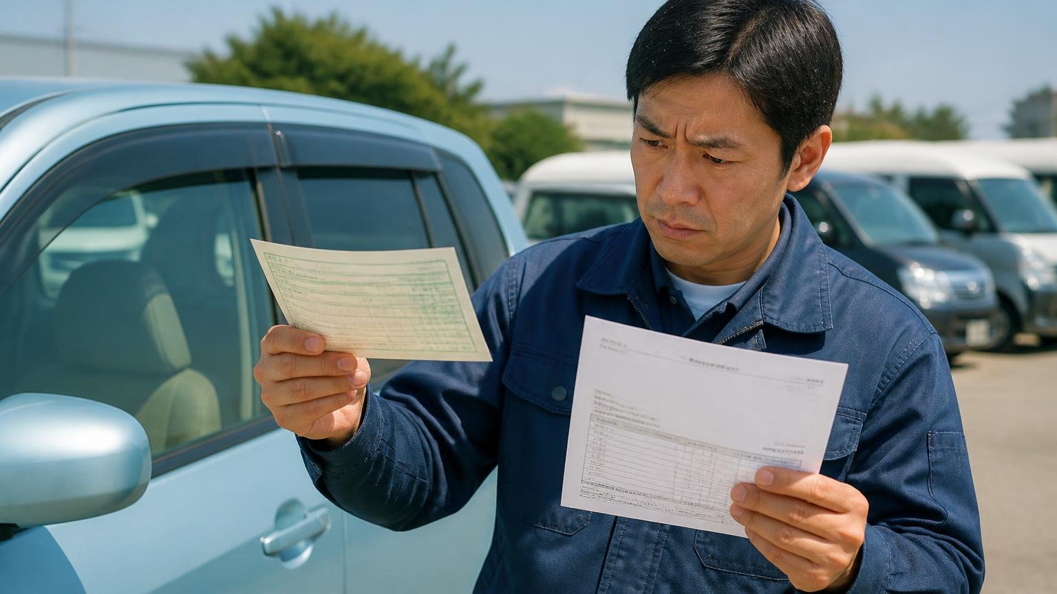 リサイクル料金は車両価値とは別に受け取る建て付け 屋外でリサイクル券と見積書を照らし合わせる男性1人が確認する