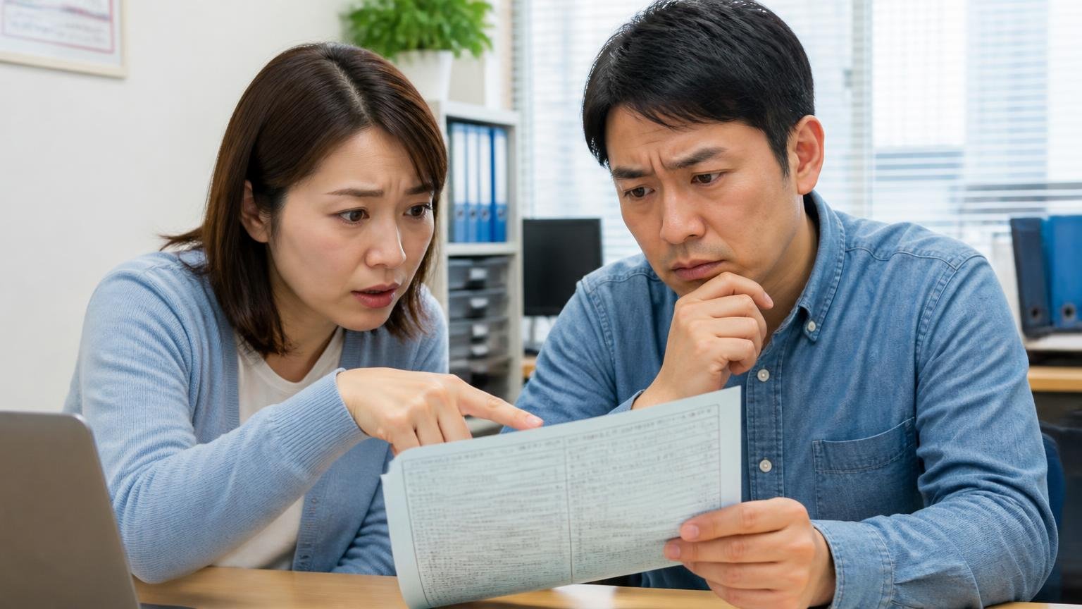 所有者欄の確認 事務所で車検証の所有者欄を指差して相談する女性と男性 不安な表情