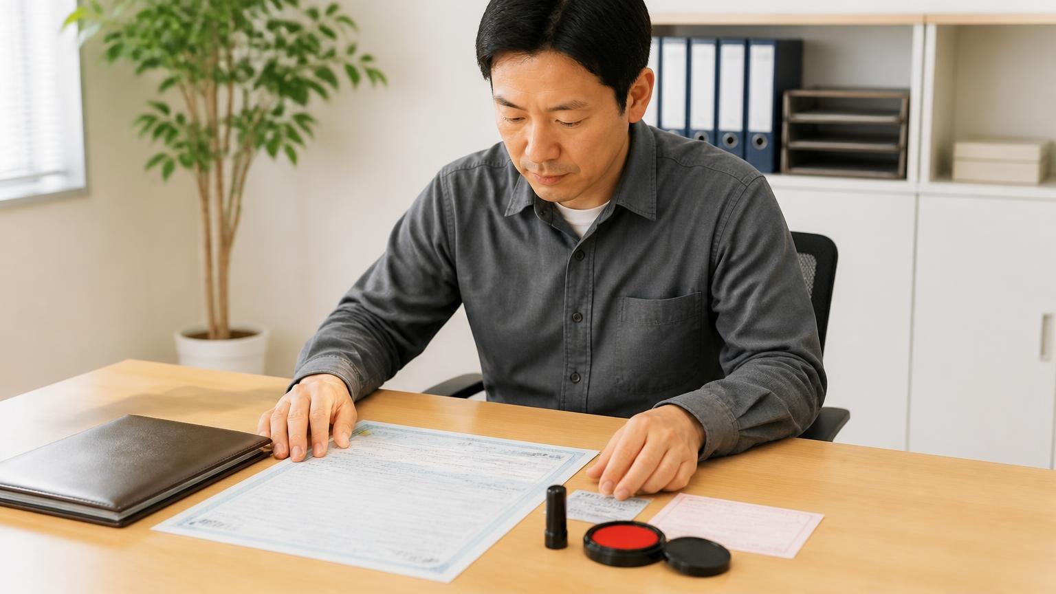 用意しておくと査定がスムーズになる書類 事務所のテーブルに車検証や印鑑を並べて準備する男性1人