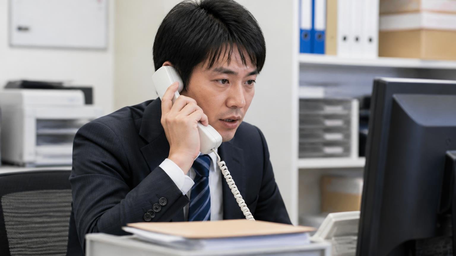 名義変更が終わったかどうかは自分で確認する 事務所の電話で運輸支局に問い合わせる男性1人が受話器を握る
