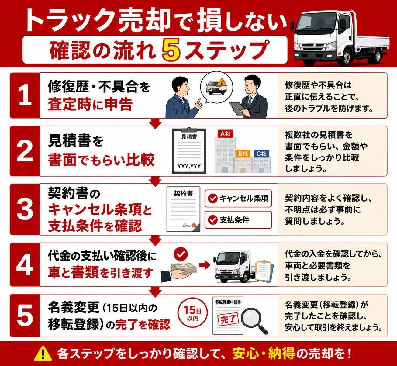 【ステップ作成】トラック売却で損しない確認の流れ:修復歴・不具合を査定時に申告→見積書を書面でもらい比較→契約書のキャンセル条項と支払条件を確認→代金の支払い確認後に車と書類を引き渡す→名義変更（15日以内の移転登録）の完了を確認