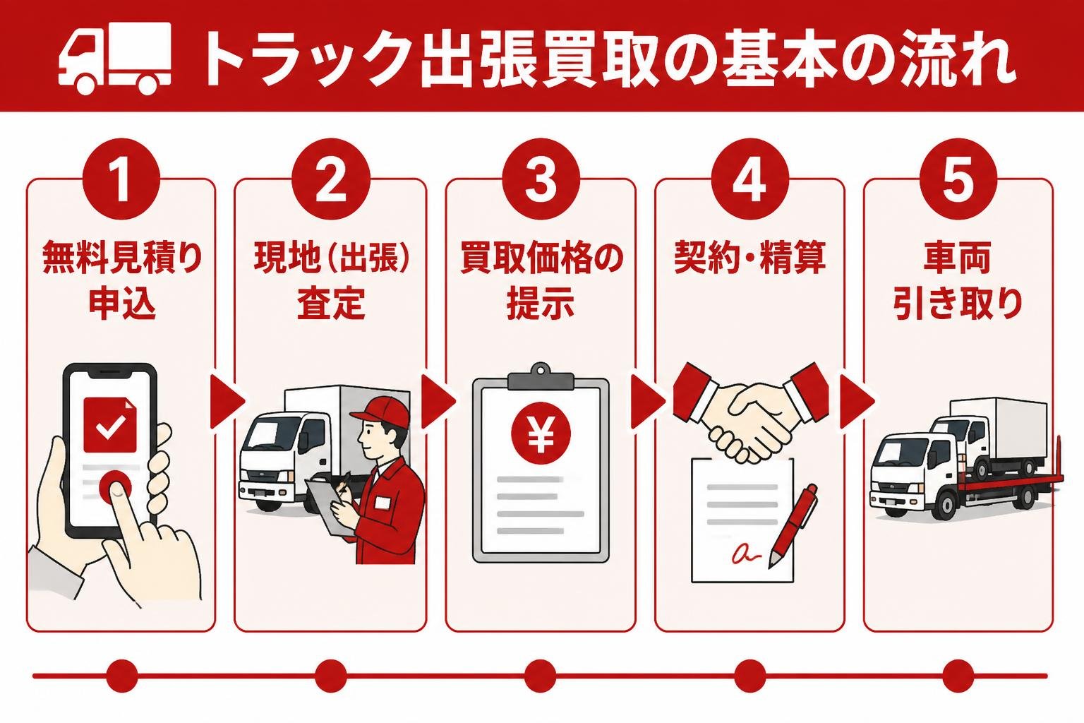 【ステップ作成】トラック出張買取の基本の流れ:無料見積り申込→現地(出張)査定→買取価格の提示→契約・精算→車両引き取り。料金が無料かどうかなどステップ以外の注記や金額は入れない
