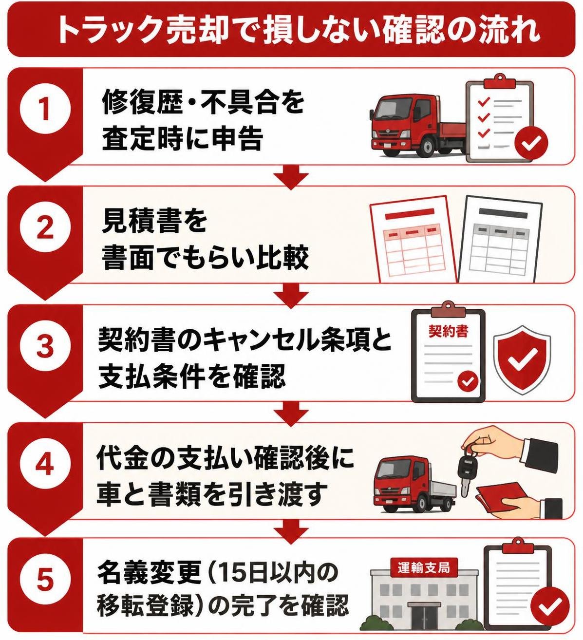 【ステップ作成】トラック売却で損しない確認の流れ:修復歴・不具合を査定時に申告→見積書を書面でもらい比較→契約書のキャンセル条項と支払条件を確認→代金の支払い確認後に車と書類を引き渡す→名義変更(15日以内の移転登録)の完了を確認(図中の文字はタイトルと各ステップの文言だけにし、金額などの数字は書かない)