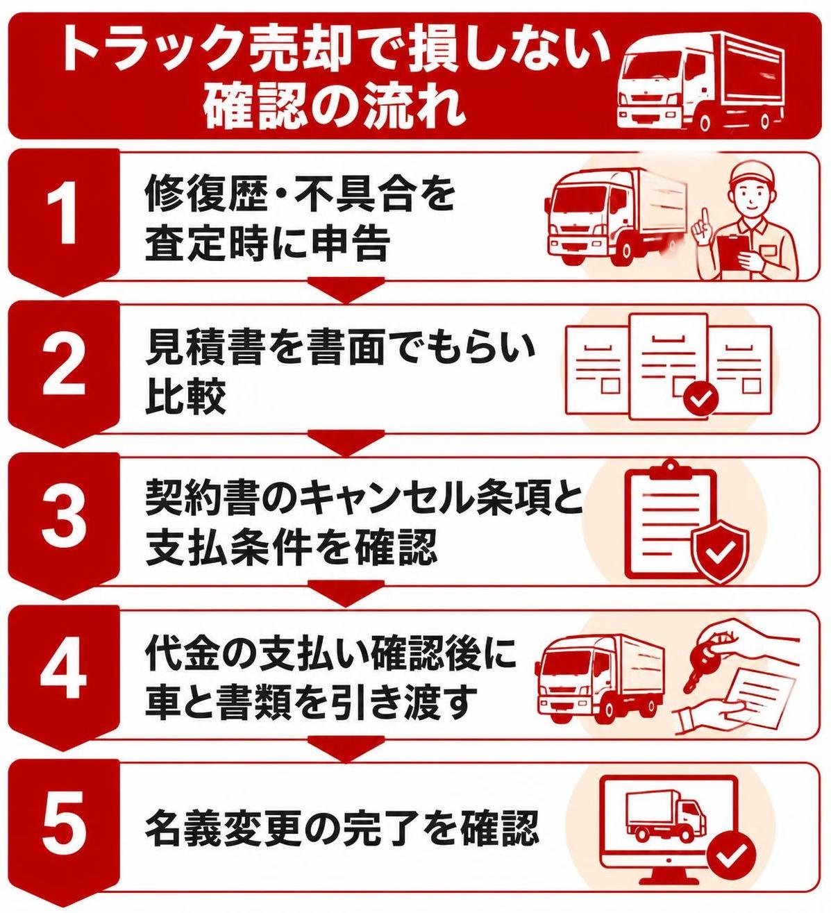 【ステップ作成】トラック売却で損しない確認の流れ:修復歴・不具合を査定時に申告→見積書を書面でもらい比較→契約書のキャンセル条項と支払条件を確認→代金の支払い確認後に車と書類を引き渡す→名義変更の完了を確認(図中の文字はタイトルと5つのステップ名だけにする。金額・社名・書類名などほかの文字は入れない)
