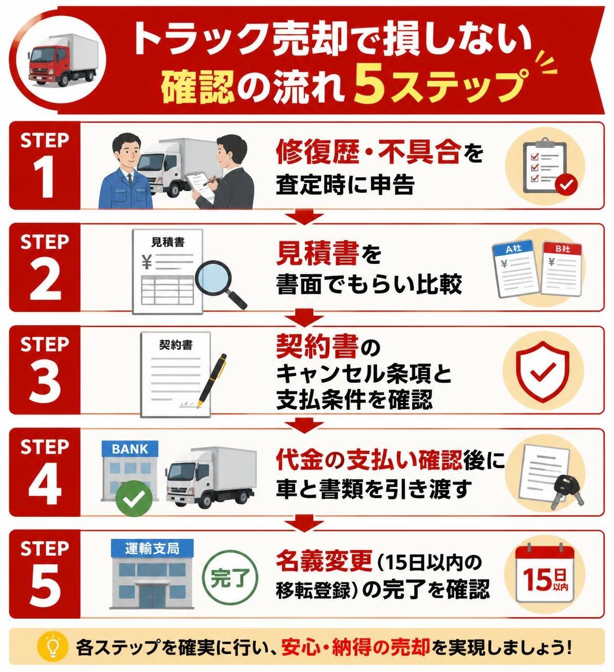 【ステップ作成】トラック売却で損しない確認の流れ:修復歴・不具合を査定時に申告→見積書を書面でもらい比較→契約書のキャンセル条項と支払条件を確認→代金の支払い確認後に車と書類を引き渡す→名義変更(15日以内の移転登録)の完了を確認
